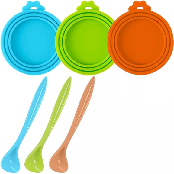 6 packs Pet Food Can Lids, Food Safe BPA-Free & Dishwasher Safe, Can Covers with 1 Spoon Can Openers Most Standard Size Dog and Cat Can Tops