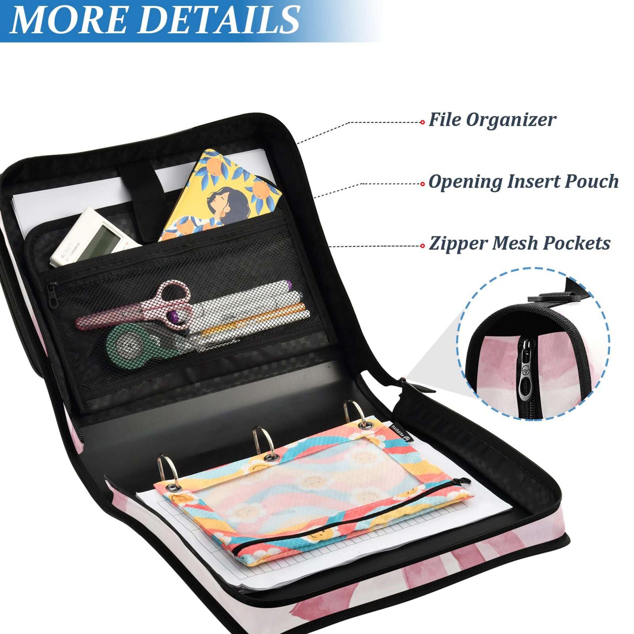 ALAZA Zipper Binder Watercolor Bow 1.5 inch 3 Ring 500 Sheet Capacity File Folder School Organizer