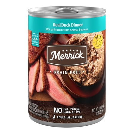 Merrick Grain Free Wet Dog Food for Adults, Grain Free Real Duck Dinner, 12.7 oz Cans (12 Pack)
