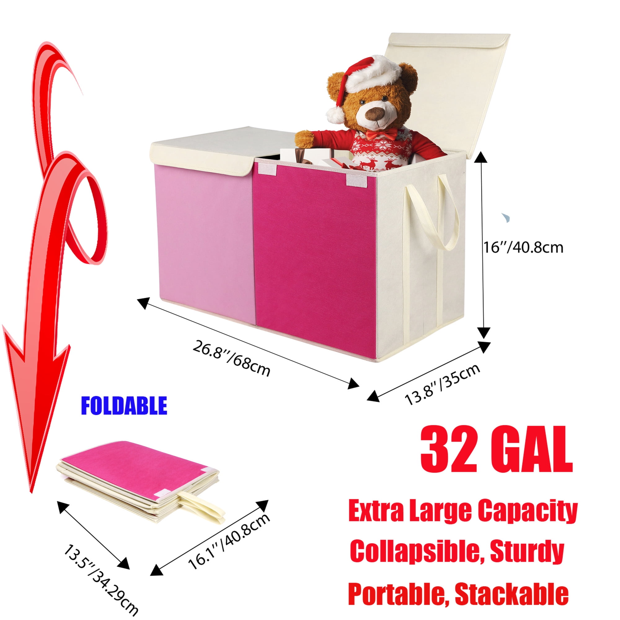 VICTORICH Extra Large Toy Chest for Kids, 32 gal Sturdy Collapsible Toy Box Storage Bins with Lids for Playroom, Pink