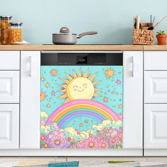 Yayeee Magnetic Dishwasher Cover for The Front Decoration Home Kitchen Machine Sticker Protector, Retro Blue Rainbow