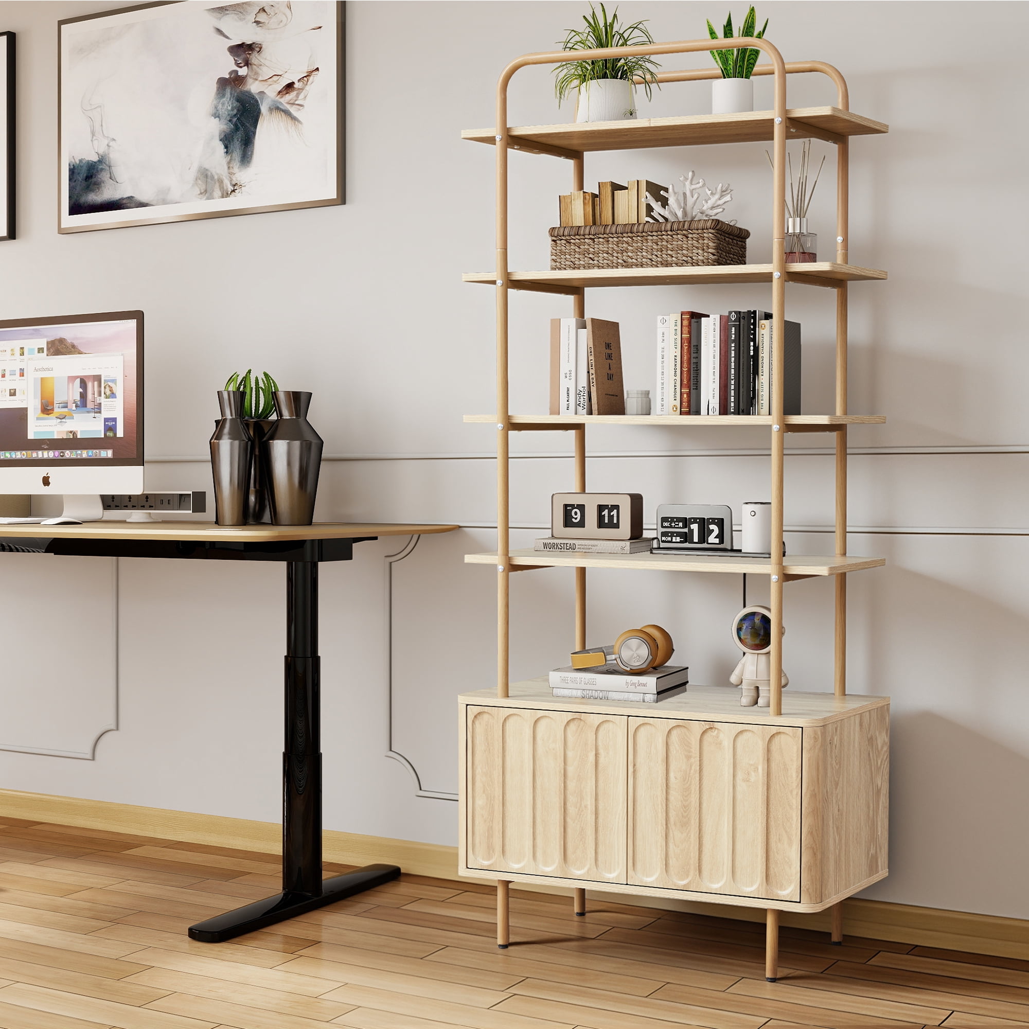 Weselon 5 Tier Ladder Bookshelf with Hidden Storage Cabinet with Doors, Fluted 5-Shelf Wall Mounted Bookcases with Open Display Shelf, Light Honey Wood Finish