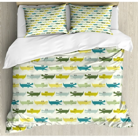 Kids Duvet Cover Set Crocodile Characters In Cartoon Style Funny