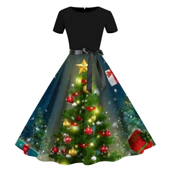 QIPOPIQ Christmas Dresses Women Plus Size Short Sleeve Trendy Casual Dresses Floral Holiday Dress Grinch Print Round-Neck Knee-High Dress 2023 Deals