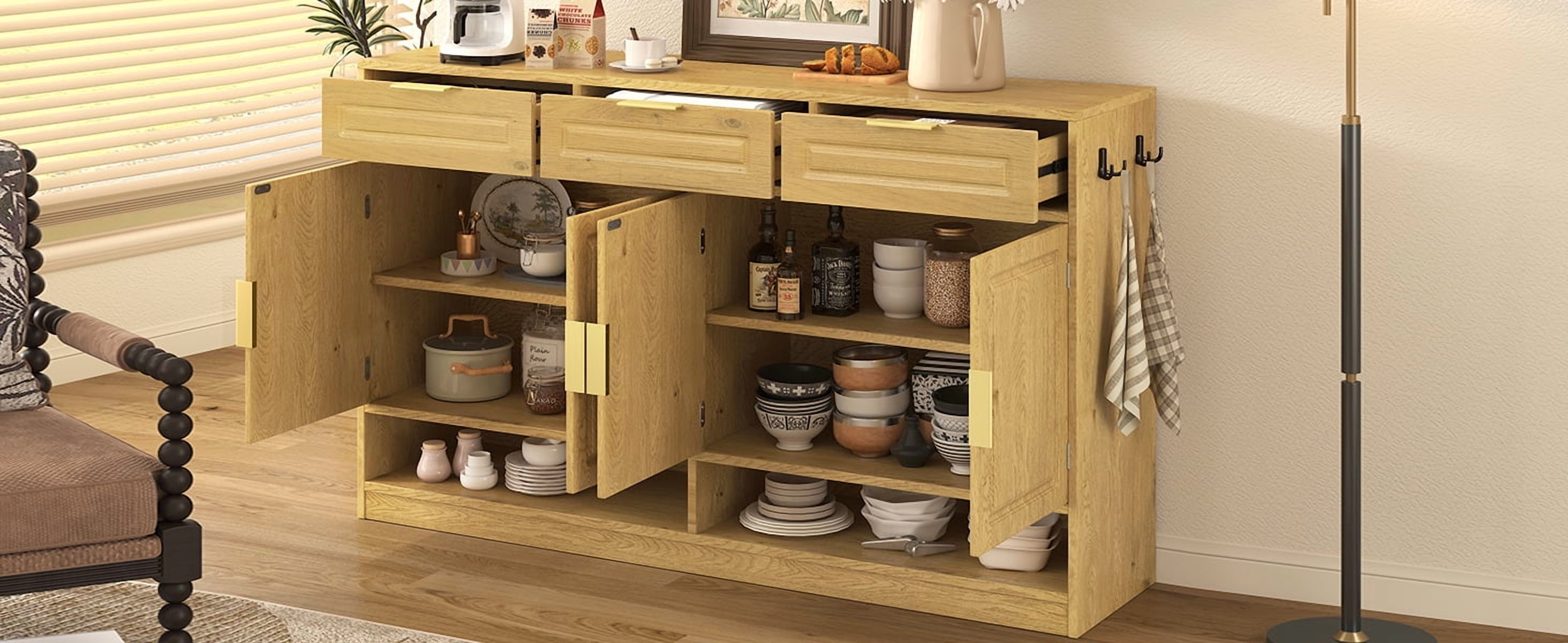 Farmhouse Sideboard with 3 Drawers & 4 Doors, 59.1" Storage Buffet with Adjustable Shelf and Open Storage Compartments, Suitable for Dining Room, Living Room, Entryway