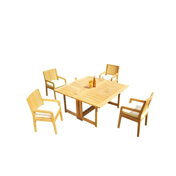Grade-A Teak Dining Set: 4 Seater 5 Pc: 60" Square Rectangle Butterfly Table And 4 Maldives Arm Chairs Outdoor Patio WholesaleTeak #51ML1405