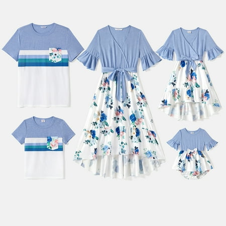 

PatPat Easter Family Matching Solid Surplice Neck Ruffle-sleeve Spliced Floral Print High Low Hem Dresses and Short-sleeve Striped Colorblock T-shirts