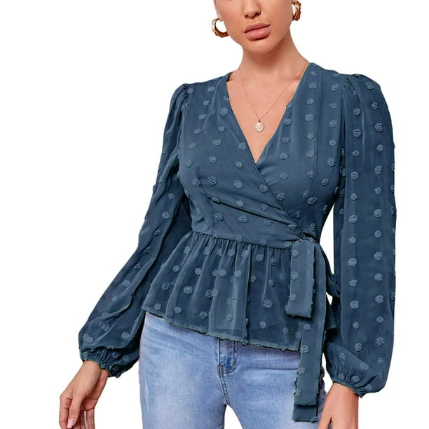 Top con lazo en la cintura blusa de manga larga con cuello en V para mujer blusa de puntos suizos blusa con dobladillo con volantes alta capacidad Bodega Aurrera en linea