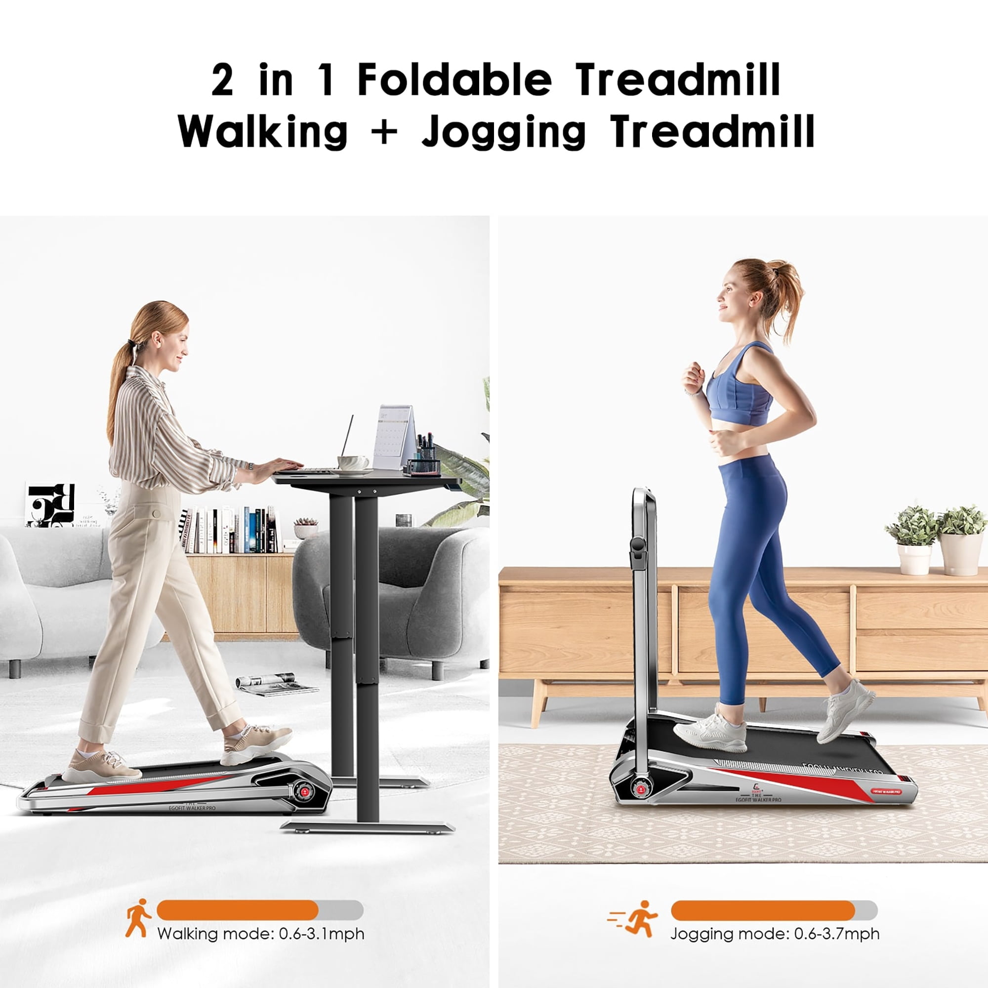 EGOFIT: Walker Plus M1T - Cool Grey - 2-In-1 Folding Handlebar Pad Treadmill: Walking & Jogging, 5% Incline, Remote Control, 220lb Cap, 0.62-3.7mph