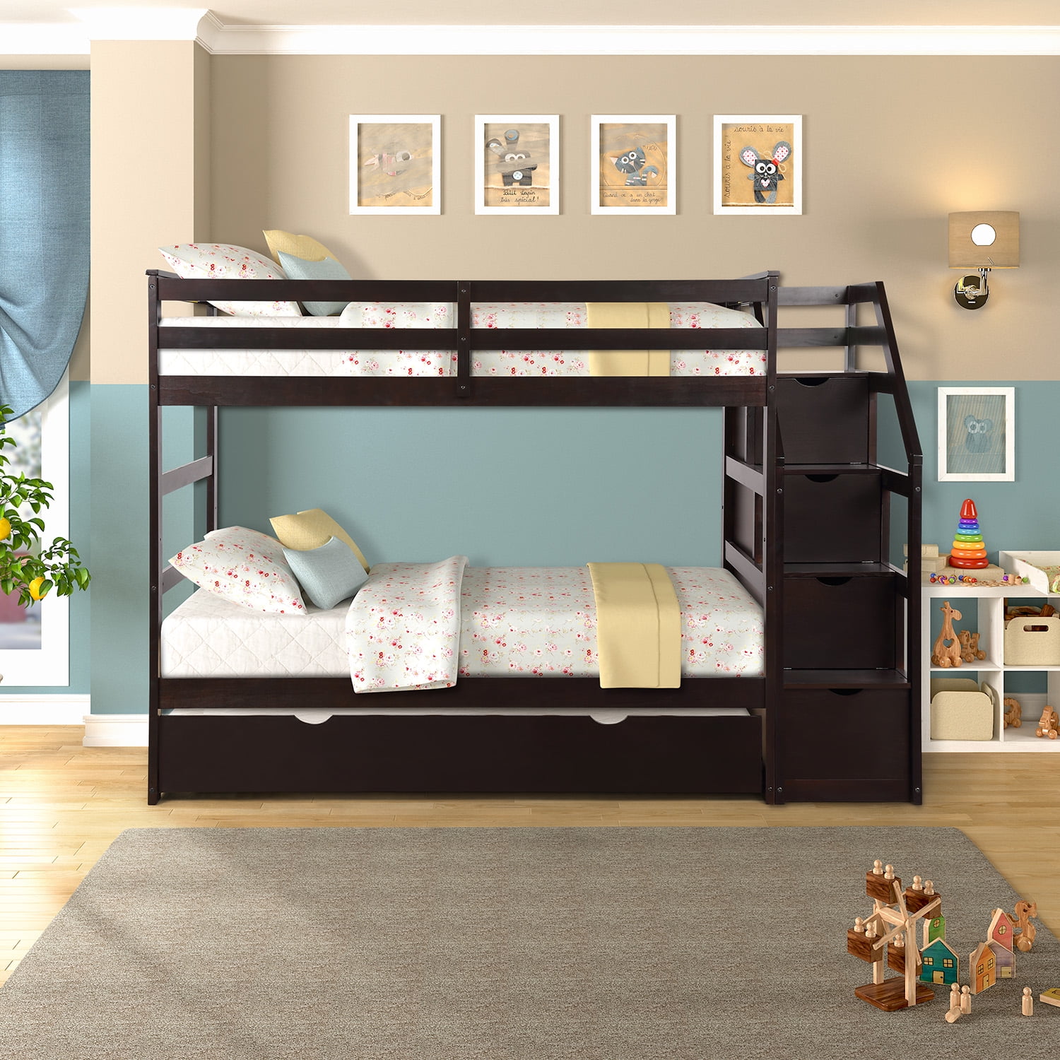 Bunk Beds Twin Over Twin Kids Furniture Wood Convertible Kid Bed 4-Step Ladder