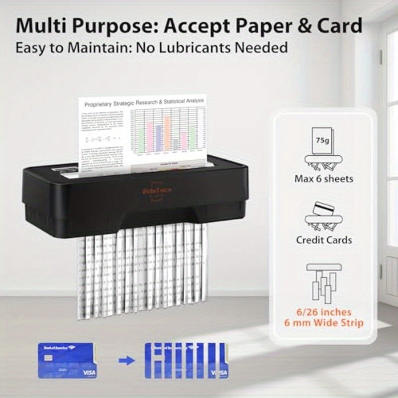 Manual Paper Shredder, 6-Sheet Strip-Cut & Card Shredder, Jam-Proof Technology, 2.65Gal Bin, Portable Document Shredder for Home Office, No Batteries Needed, Compact & Secure Paper Destruction