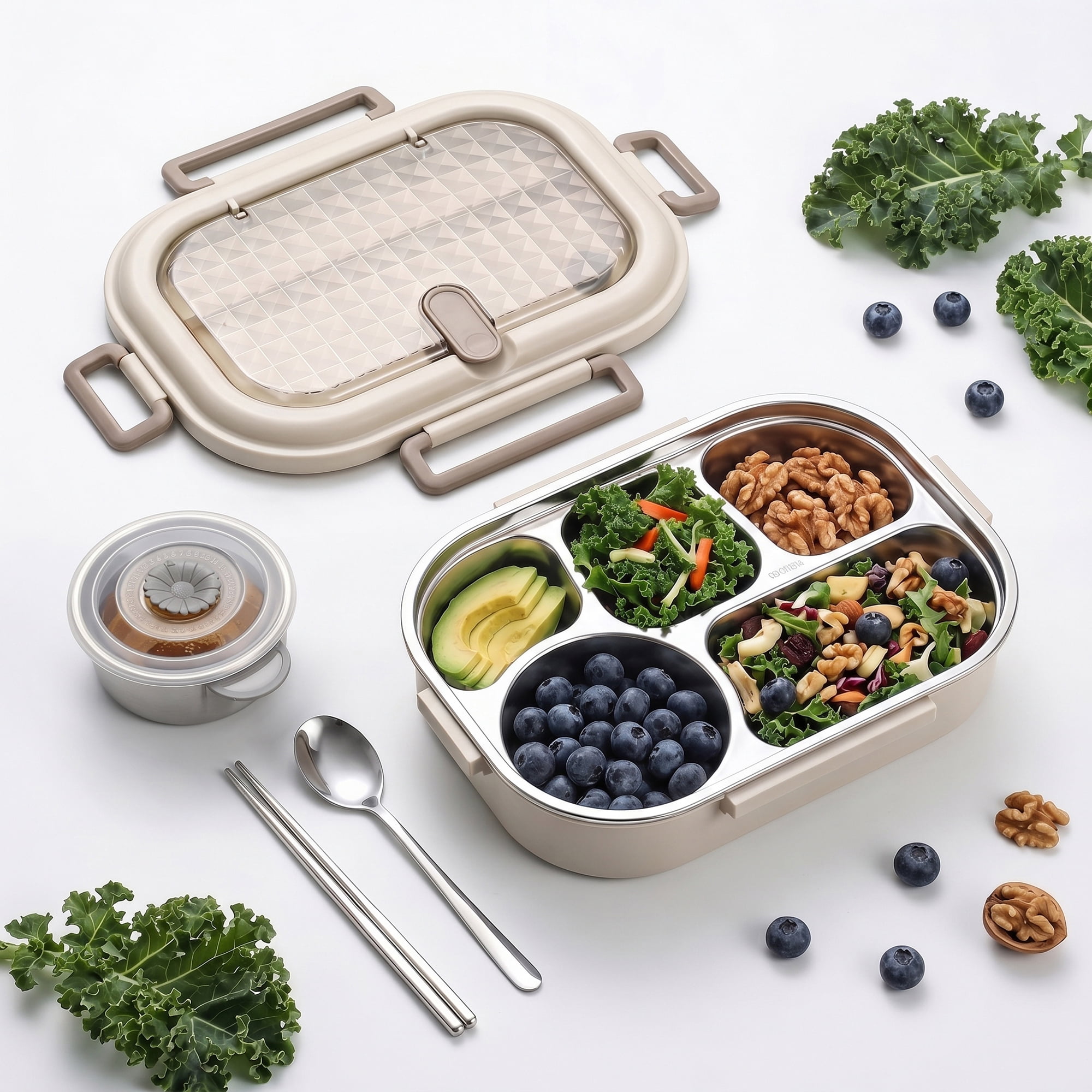 Unique Bargains Leak-Proof Meal Lunch Bento Box with Stainless Steel Light Brown-5