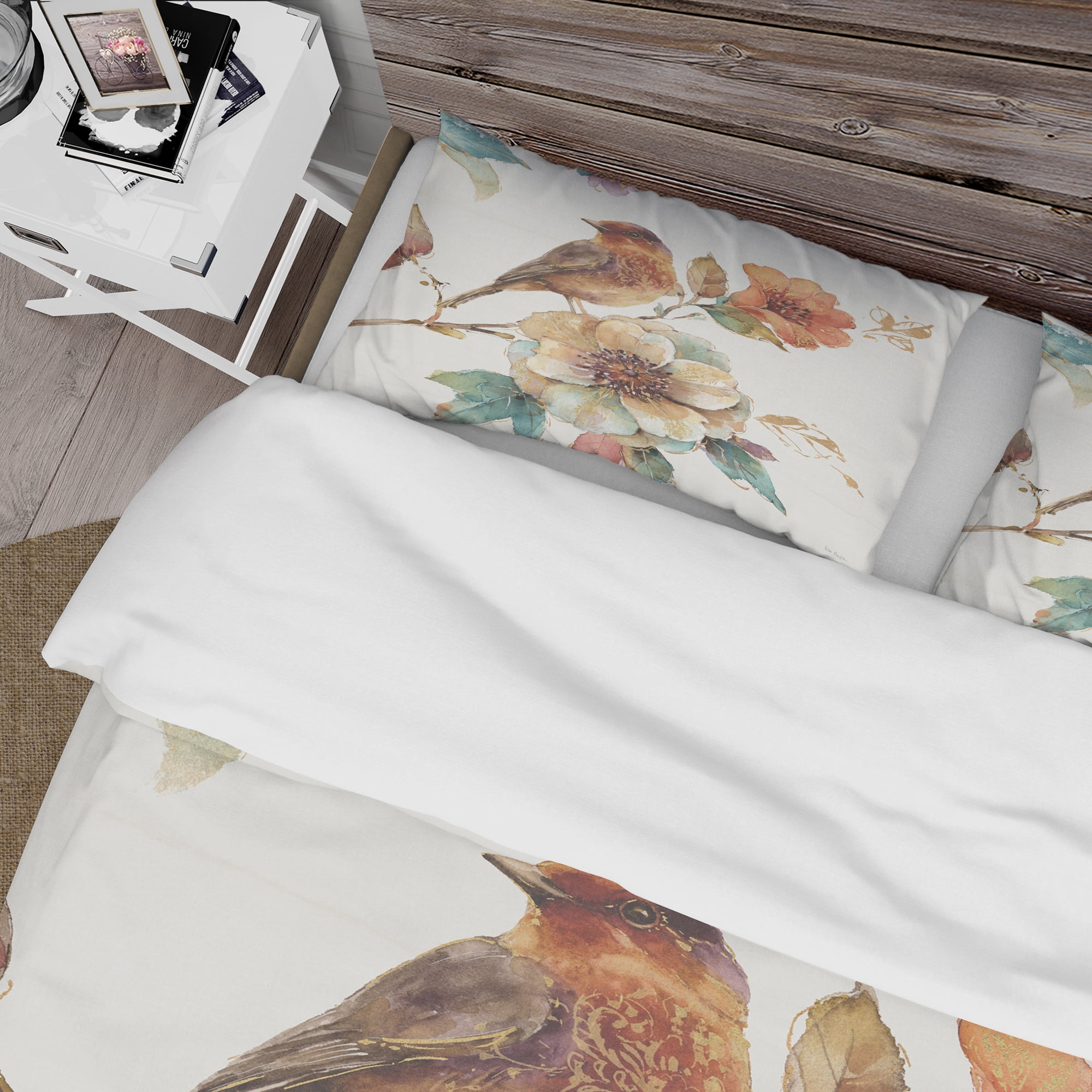 Designart 'Farmhouse Bird on Flower Branch' Cottage Duvet Cover Set