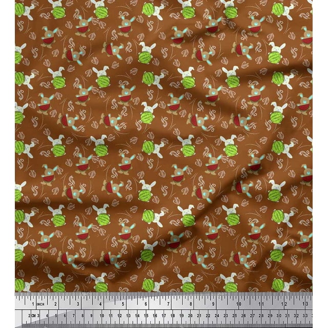 Soimoi Poly Georgette Fabric Leaves,Watermelon & Rabbit Kids Printed Fabric 1 Yard 42 Inch Wide