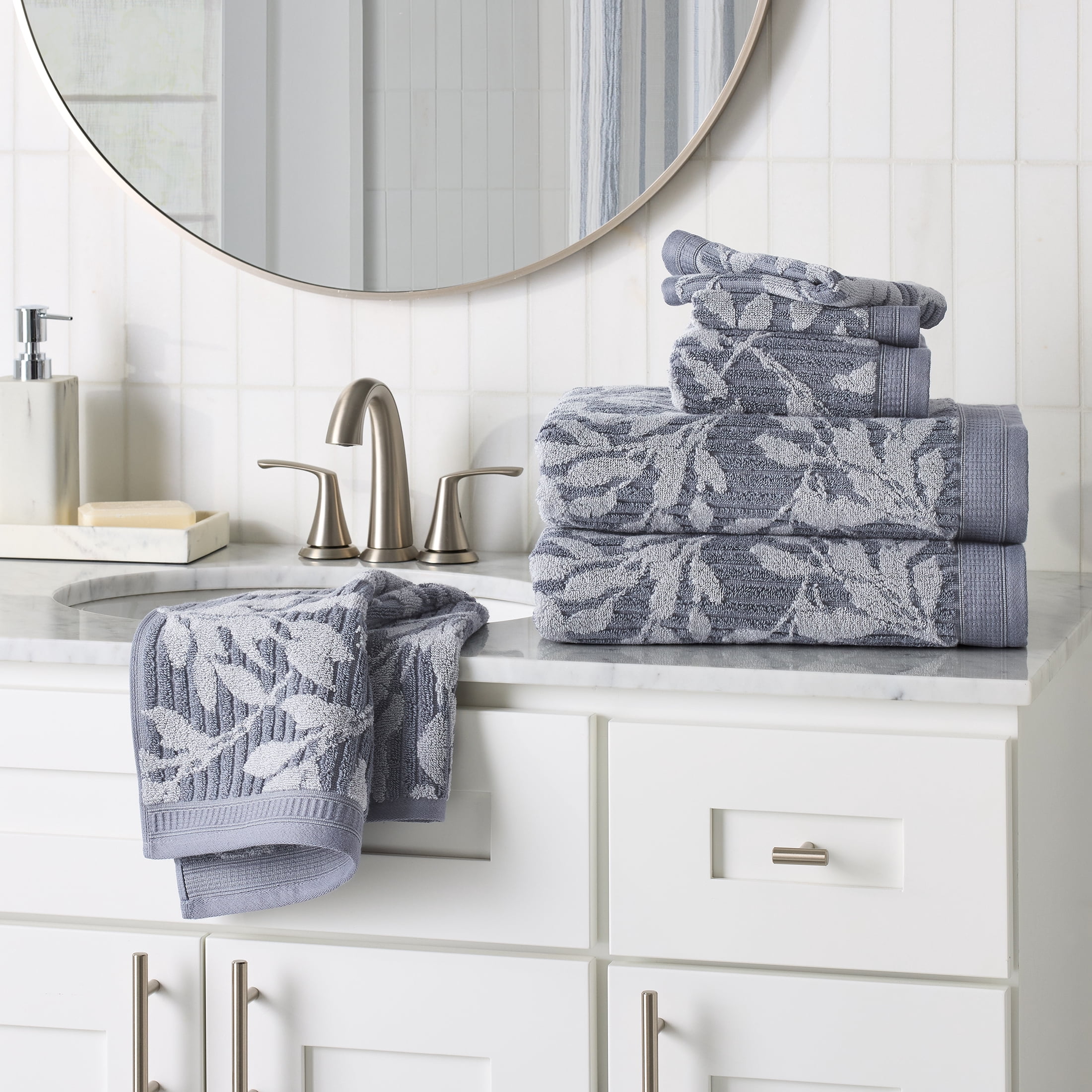 Better Homes & Gardens Signature Soft Floral 6 Piece Towel Set,Grey Flannel/Soft Silver