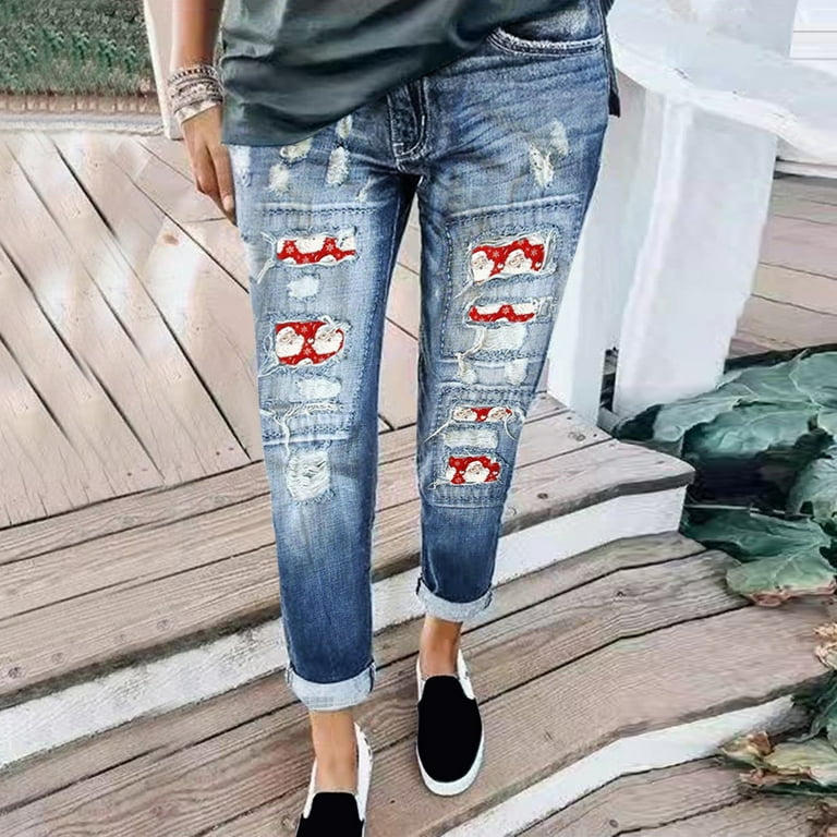 Casual Patchwork Ripped Patch Mid Waist Regular Denim Jeans Casual Patchwork Ripped Patch Mid Waist Regular Denim Jeans