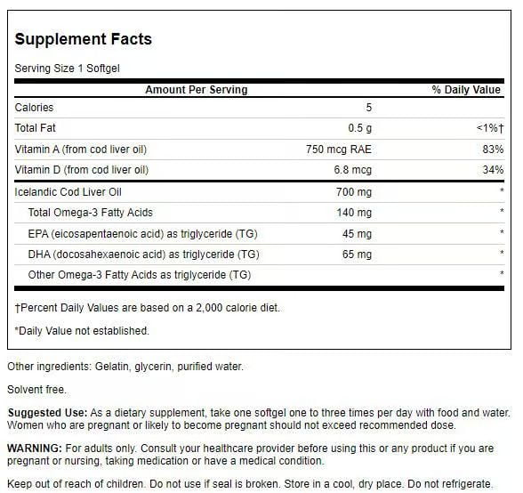 Swanson Cod Liver Oil - Double Strength 700 mg 250 Softgels