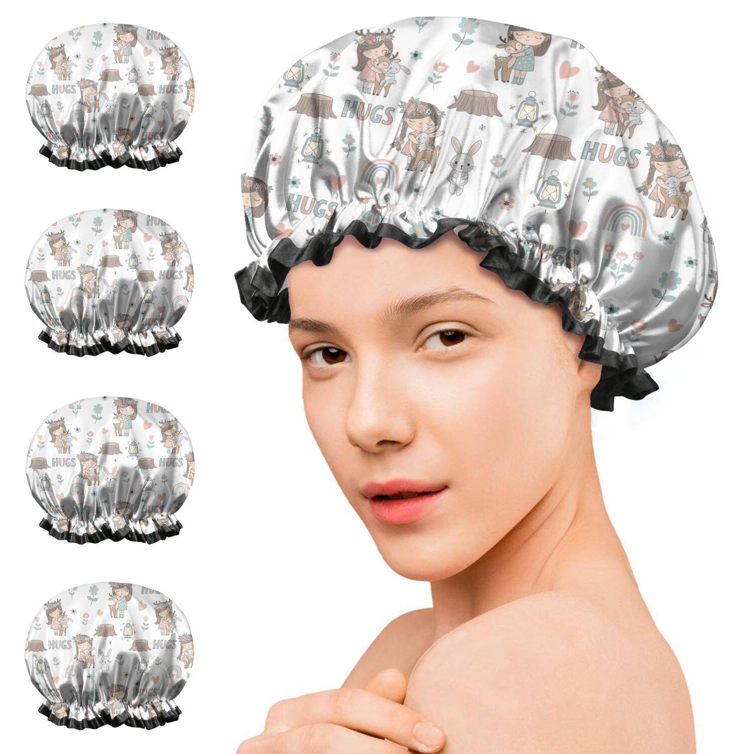 Shower Caps,White Forest Girl Pattern Waterproof Shower Cap for Women 4 Pieces,Double Reusable Hair Cover for Shower PEVA Elastic Stretch Hem