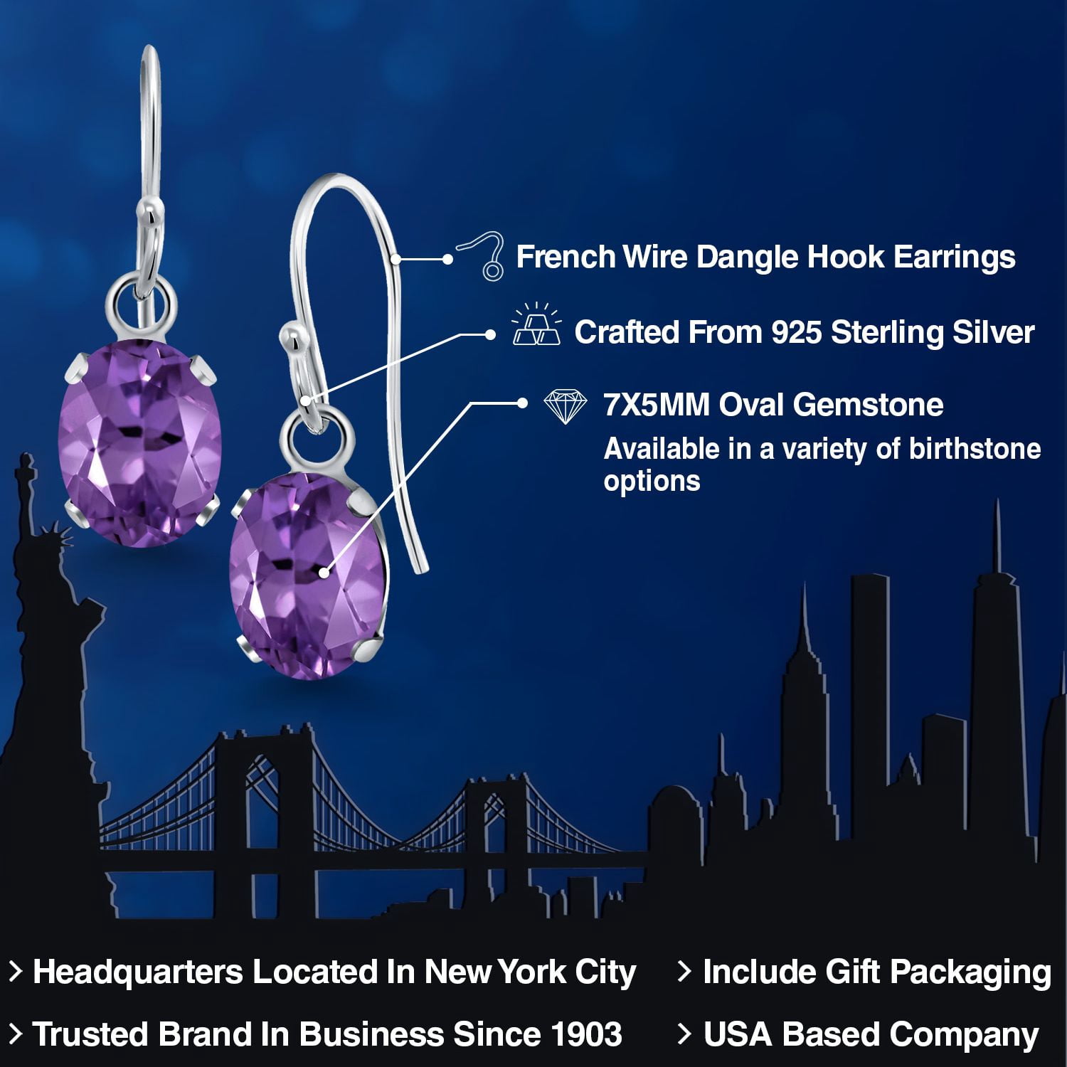 Gem Stone King 1.50 Cttw Purple Amethyst French Wire Dangle Hook Earrings for Women | 925 Sterling Silver | Gemstone February Birthstone | Oval 7X5MM