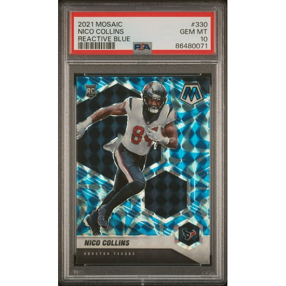 Graded 2021 Panini Mosaic Nico Collins #330 Reactive Blue Rookie RC Football Card PSA 10 Gem Mint