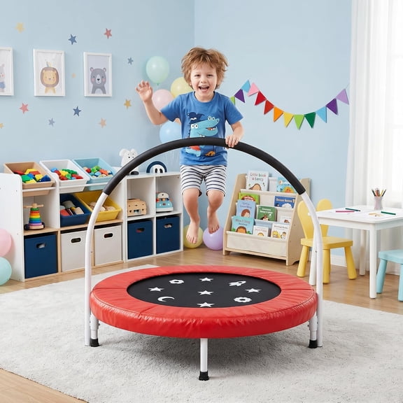 BouPower 36" Foldable Toddler Trampoline with Handle and Safety Pad, Indoor Outdoor Bouncer for Kids Ages 3-6