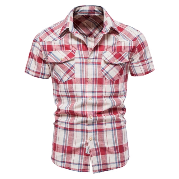 Honeeladyy Plaid Shirt for Men Short Sleeve Button Down Tops Casual Slim Fit Checked Design T-Shirts Summer Pocket Blouses Tees Sports Fan T-Shirts Sports Fan Shirts Sports Fan Tank for Men Red