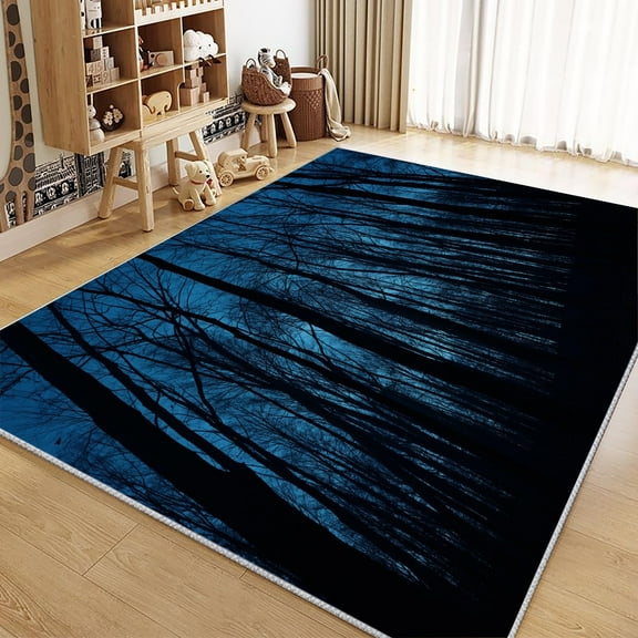 Area Rug Rectangle Carpet, Night Sky Trees Machine Washable Rug For Living Room, Stain Resistant Non Slip Blue Decorative Carpet For Bedroom Kitchen