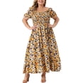thumbnail image 2 of GRACE & GRANDEUR Robe Maxi Bohème à Fleurs pour Femme Grande Taille, Manches Courtes, Encolure Carrée, Smockée, 1X Jaune, 2 of 6