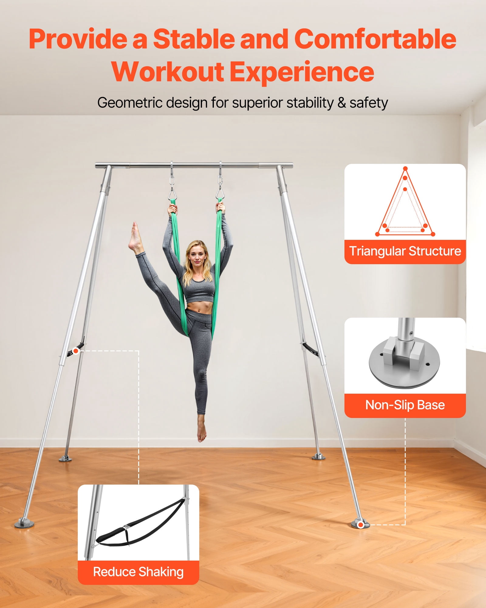 VEVOR Yoga Stand Frame, Max 310 lbs Load Swing Stand, Triangular Structure Pull Up Stands, Aerial Silk Stands with Height Adjustable & Aluminum Frame Legs, Stainless Steel Top Bar