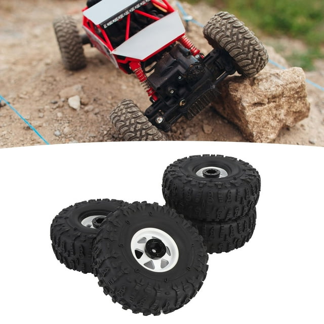 4 Pcs Ensemble de Pneus de Roue RC, Pneus en Caoutchouc Robustes et Moyeux Métalliques, Excellente Adhérence, Absorption des Chocs, Facile à Installer, Compatible avec Redcat, Axial SCX10, D90, Hpi