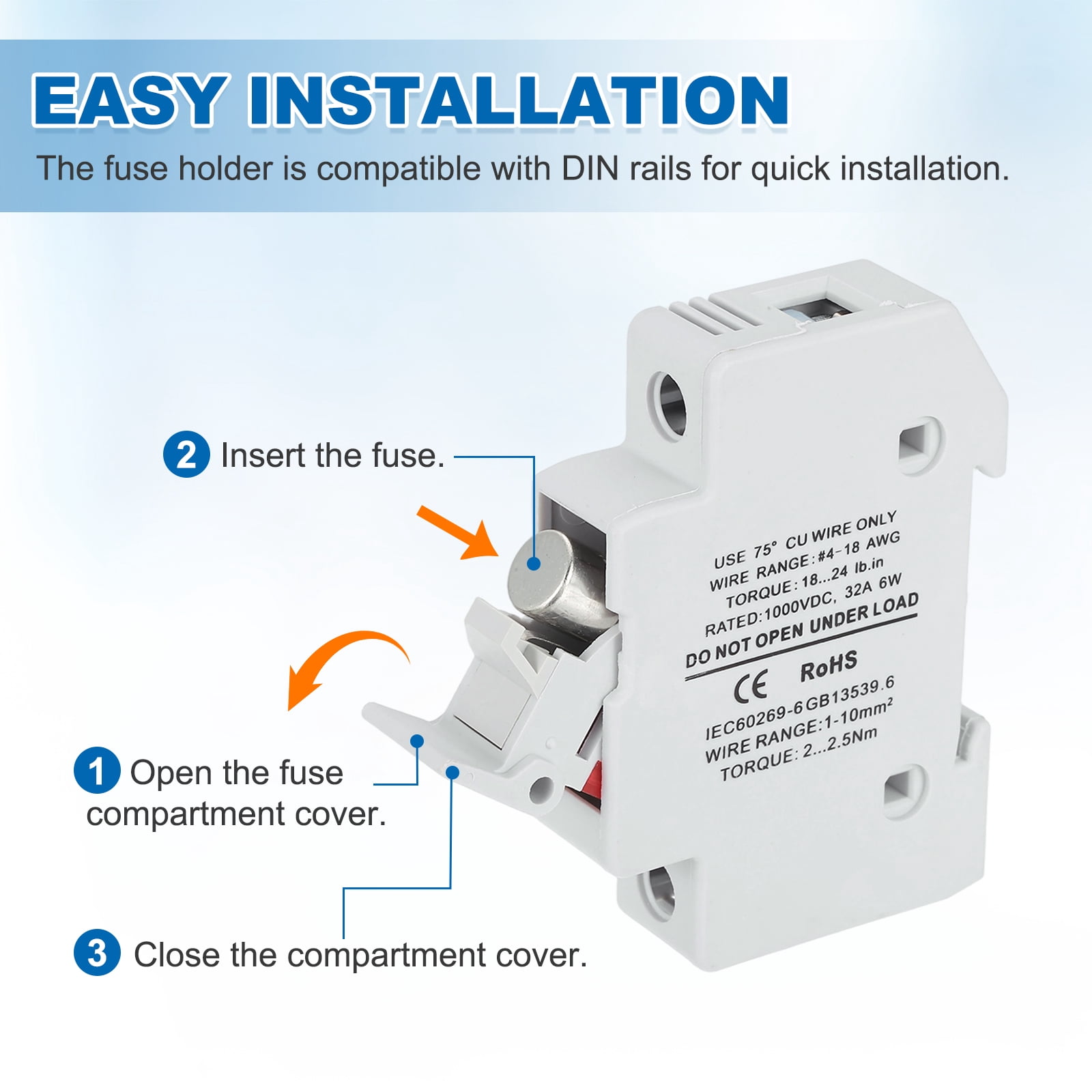 Din Rail Fuse Holder with 1 Core Block,10x38mm 4-18AWG Single Pole Solar/ Photovoltaic Fuse Holder DC 1000V 15A with Light Indicate for Solar PV Systems Battery Protect,Pack of 2