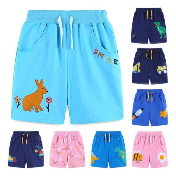 Einccm Boys Summer Shorts, Mid-Rise Elastic Waist with Drawstring, Straight-Leg Loose Fit, Embroidered Rocket and Star Print, Casual Outdoor Shorts for Toddlers and Young Children Aged 2-7