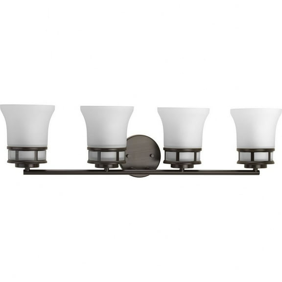 Progress Lighting Cascadia 4-Light Bath Vanity, Steel, Antique Bronze, Etched Glass Shade