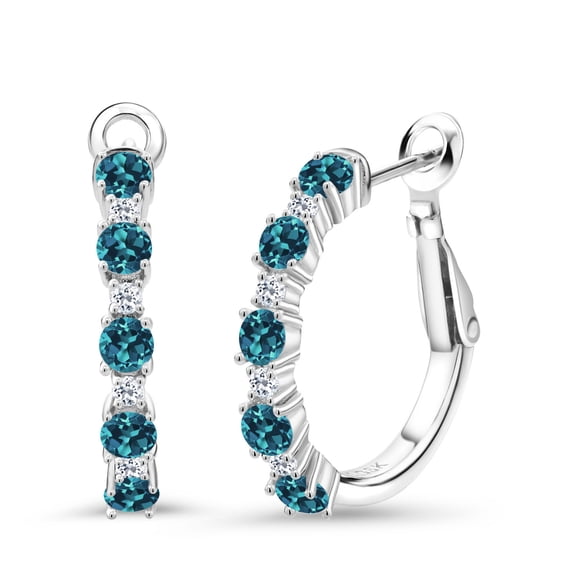 Gem Stone King 925 Sterling Silver London Blue Topaz White Topaz Hoop Earrings for Women (1.62 Cttw, Round Cut, 3/7 inch Diameter)