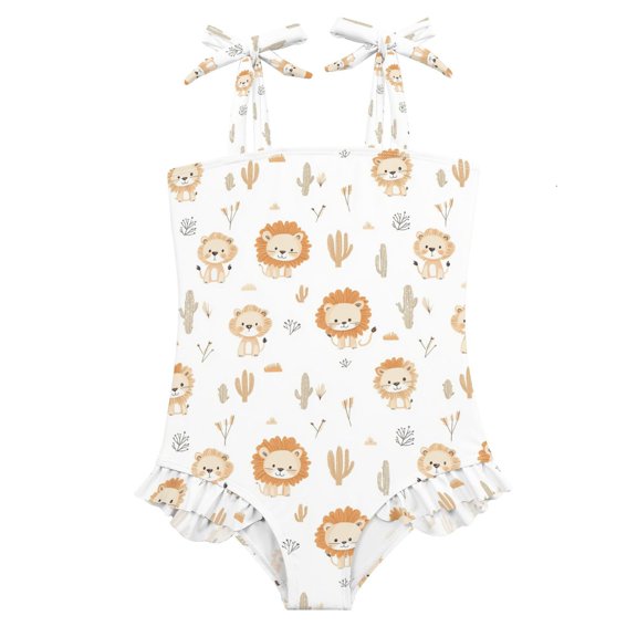 Girls One-Piece Swimsuit Quick Dry Bathing Suit with Bowknot Straps for 18M Cute Lion Pattern