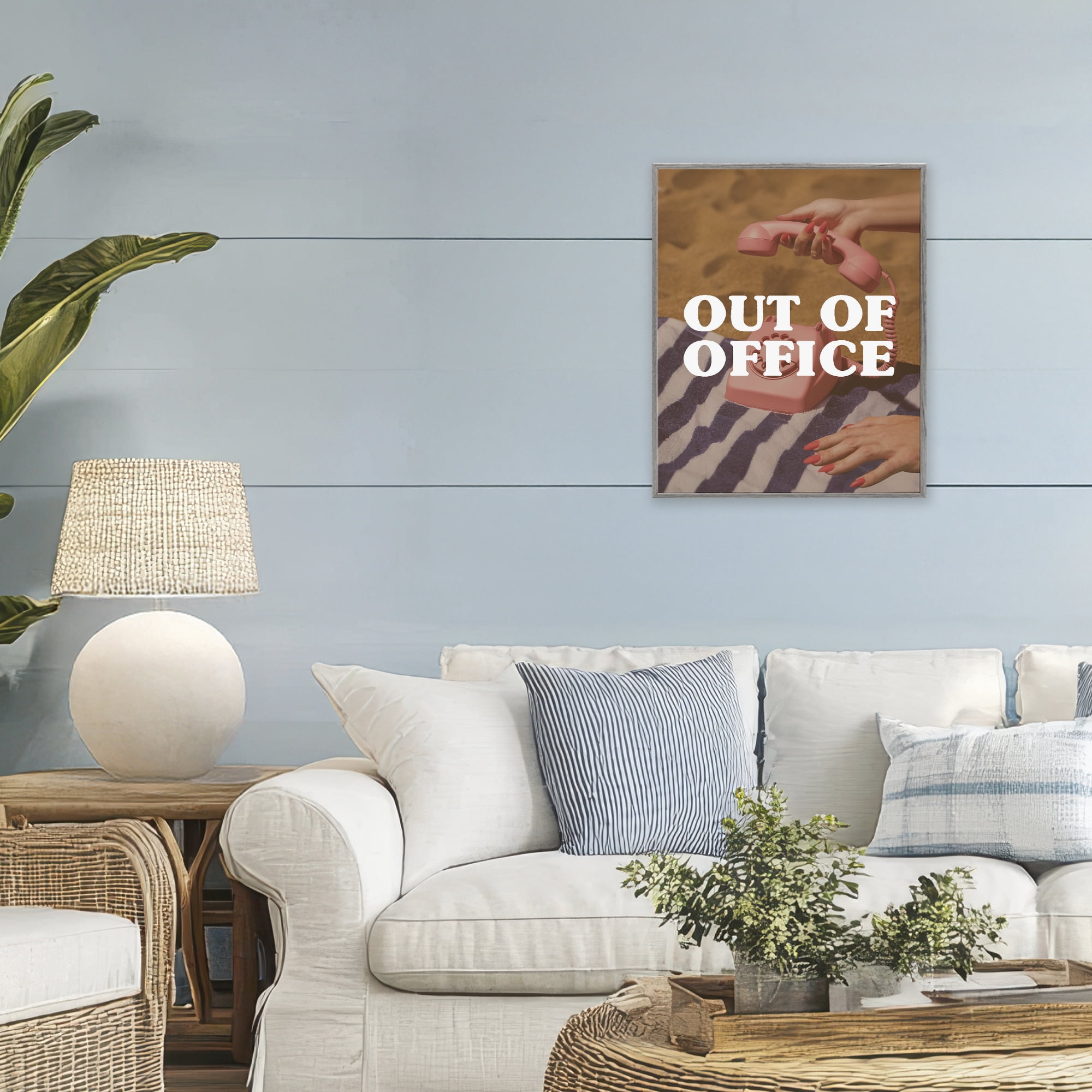 Out of Office Pink Phone Gray Framed Giclee Art, design by Lil' Rue