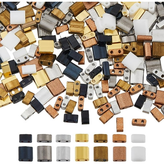 420pcs 2-Hole Seed Beads 14 Styles Glass Beads Flat Rectangular Square Beads Opaque Loose Spacer Beads for DIY Bracelet Necklace Earring Jewelry Making