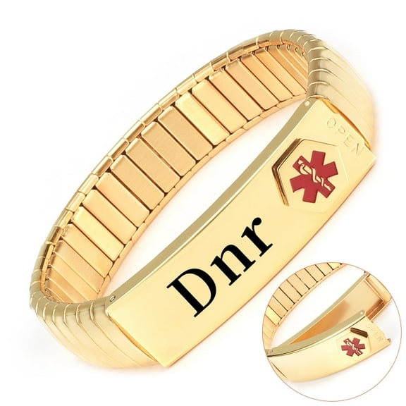 Wollet Stainless Steel Medical Alert Bracelet for Men Women, 8.2 Inch Glod, Engraved Dnr