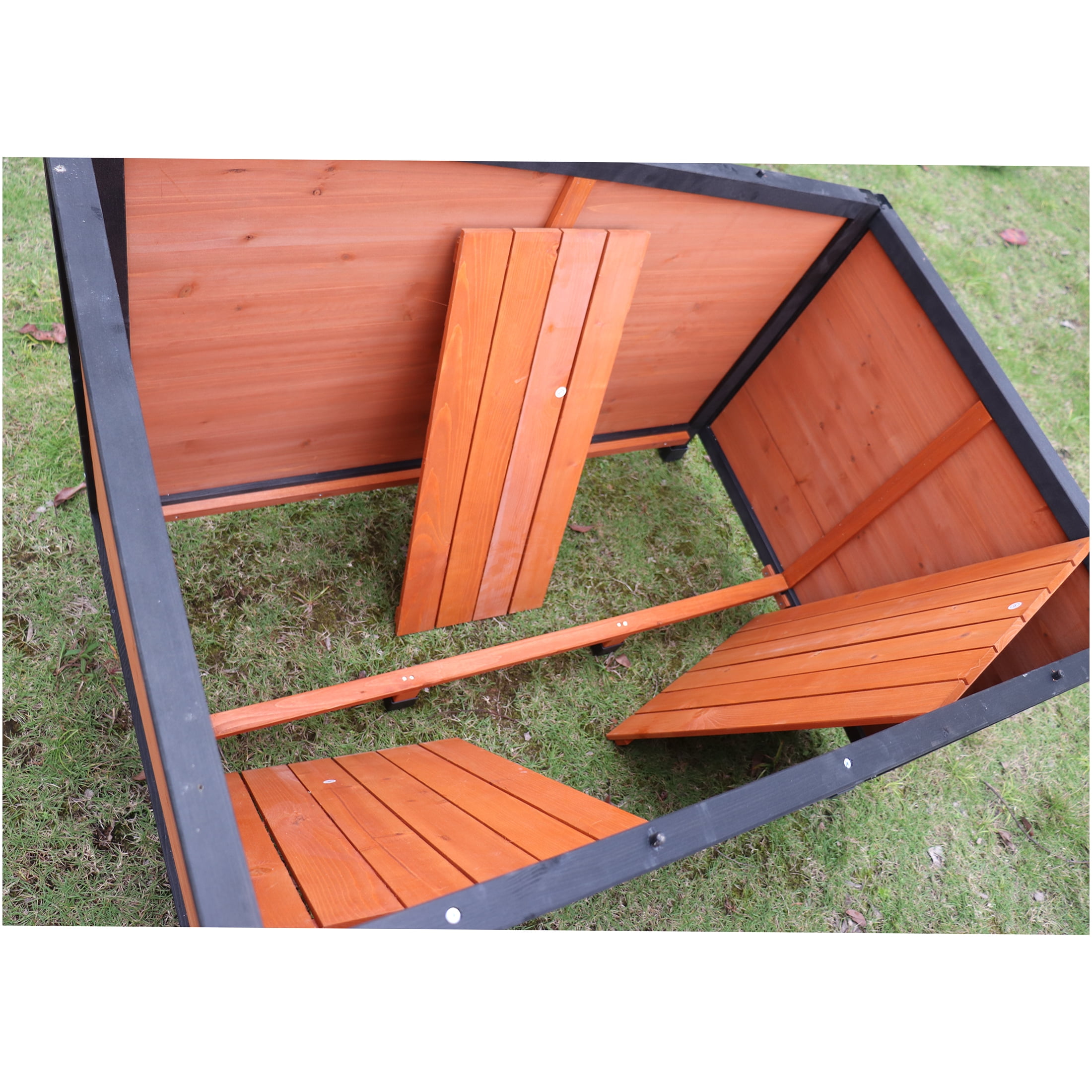JERFIT Large Dog House Outdoor Indoor Wooden Kennel with Waterproof Roof & Raised Floor, 46 Inch Solid Wood Pet Villa for Winter, Gold Red & Black