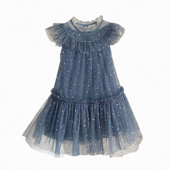 Hessimy Toddler Girls Sundress Ruffle Sleeve Double Fluffy Tiered Tulle Summer Dresses for Kids(Blue,3-4 Years)