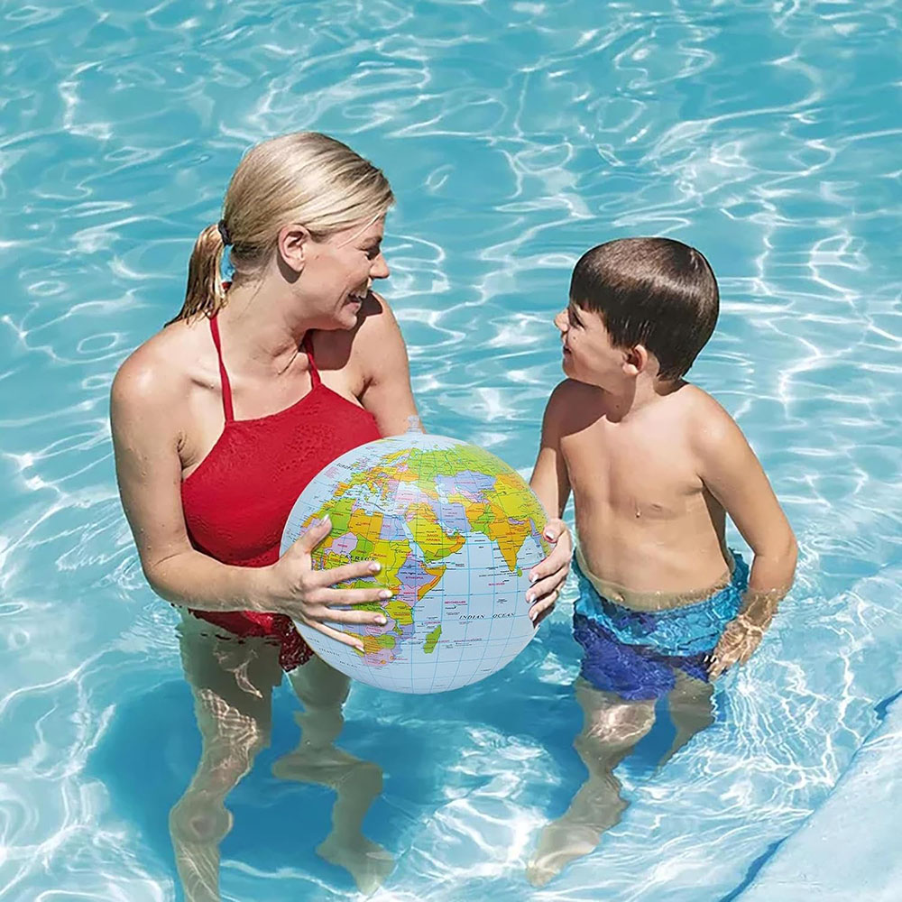 Inflatable Earth Beach Topographic Map Globe, 16 Inches Earth Blow Up World Globe, English Beach Ball Teaching Stand Glob, World Glob Ball for Kids School Classroom Geography Party