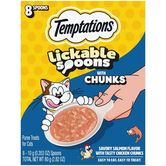 TEMPTATIONS Lickable Spoons with Meaty Inclusions Savory Salmon with Tasty Chicken Chunks 8ct
