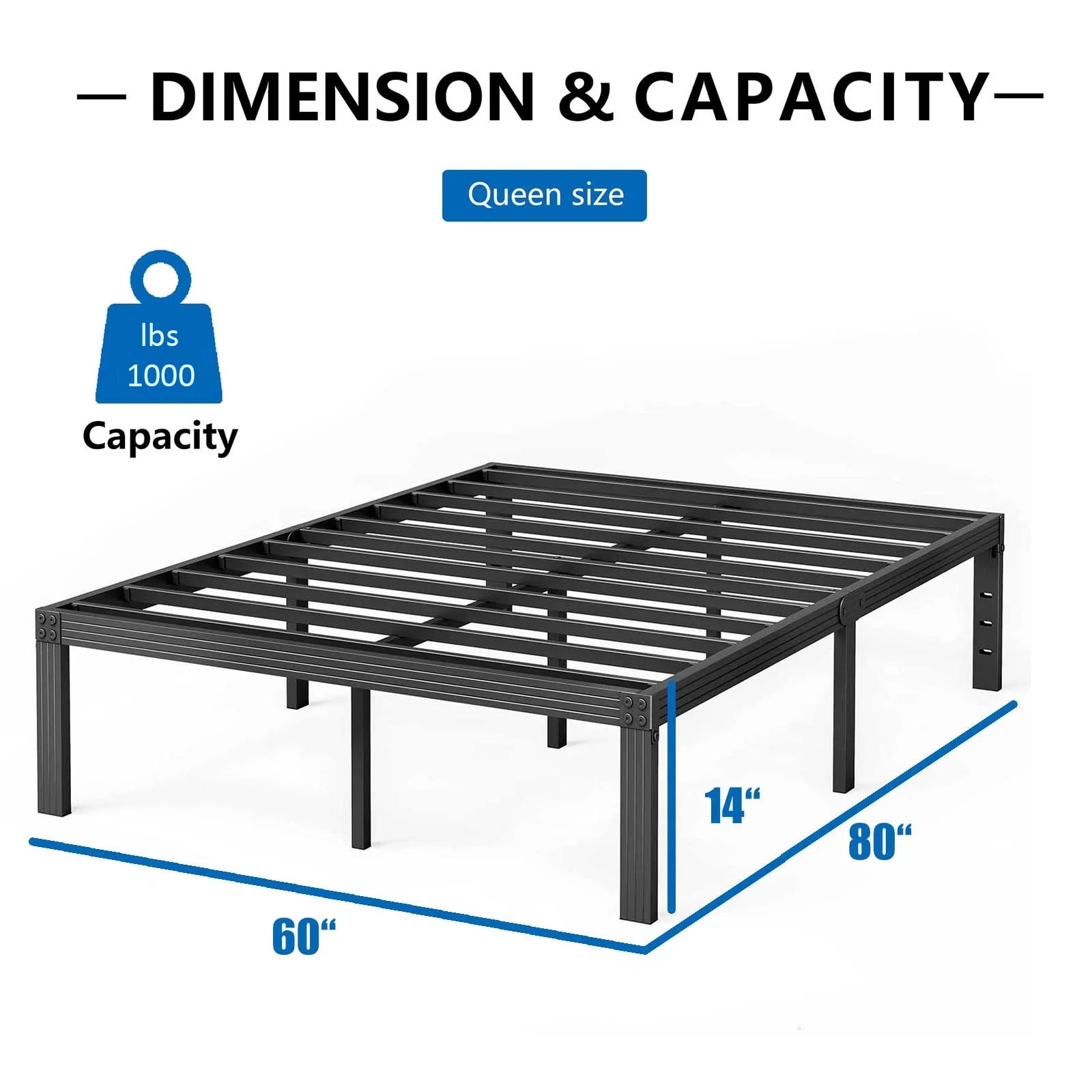 QFTIME 14" Queen Metal Bed Frame with Steel Slats, Heavy Duty Mattress Foundation