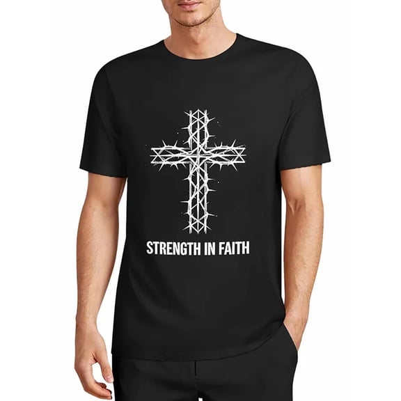USPEED Strength In Faith Thorn Cross Christian Graphic T-Shirt, Religious Bible Faith Believer Short Sleeve Crewneck Tee, Casual Church Daily Top for Men Women