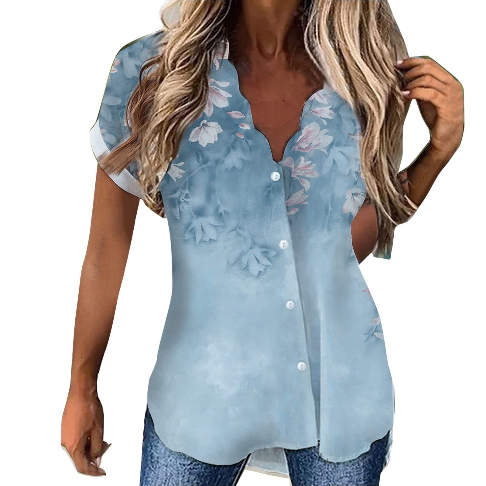 Button Down Shirts for Women Casual Short/Long Sleeve Loose Summer ...