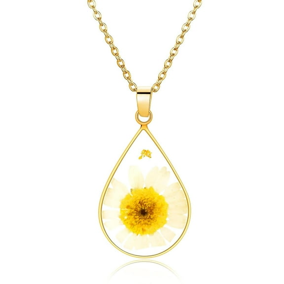 Daisy Pressed Flower Necklace,Personalized Gold Handmade Necklace,April Birth Flower Necklace for Women,Symbols of Caring and Strong, Ideal Presents For Birthday,Party, Christmas-18’’