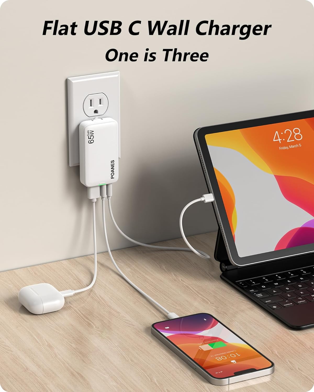 65W GaN USB C Charger, 3 Port Flat USB Wall Charger, Ultra-Slim Charger PD3.0&PPS, Foldable Plug for Travel(White-65W)