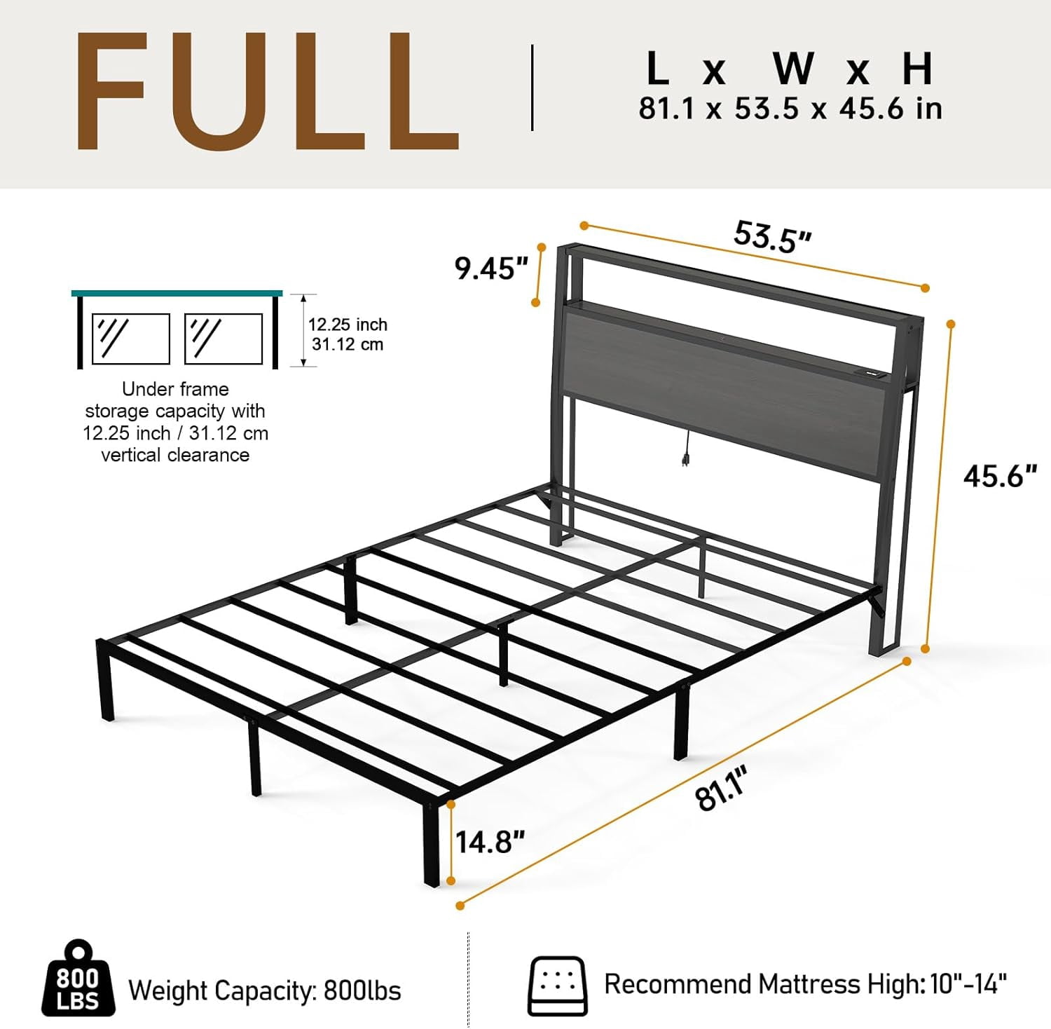 DRNANLIT Full Size  Bed Metal Platform Bed Frame with LED Lights Storage Headboard＆Charging Station,Noise Free, Easy Assembly, Dark Grey