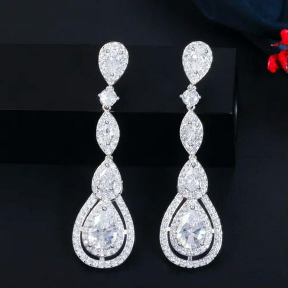 585 Rose Gold Plated CZ Women Long Drop Earrings 925 Silver Jewelry Accessories