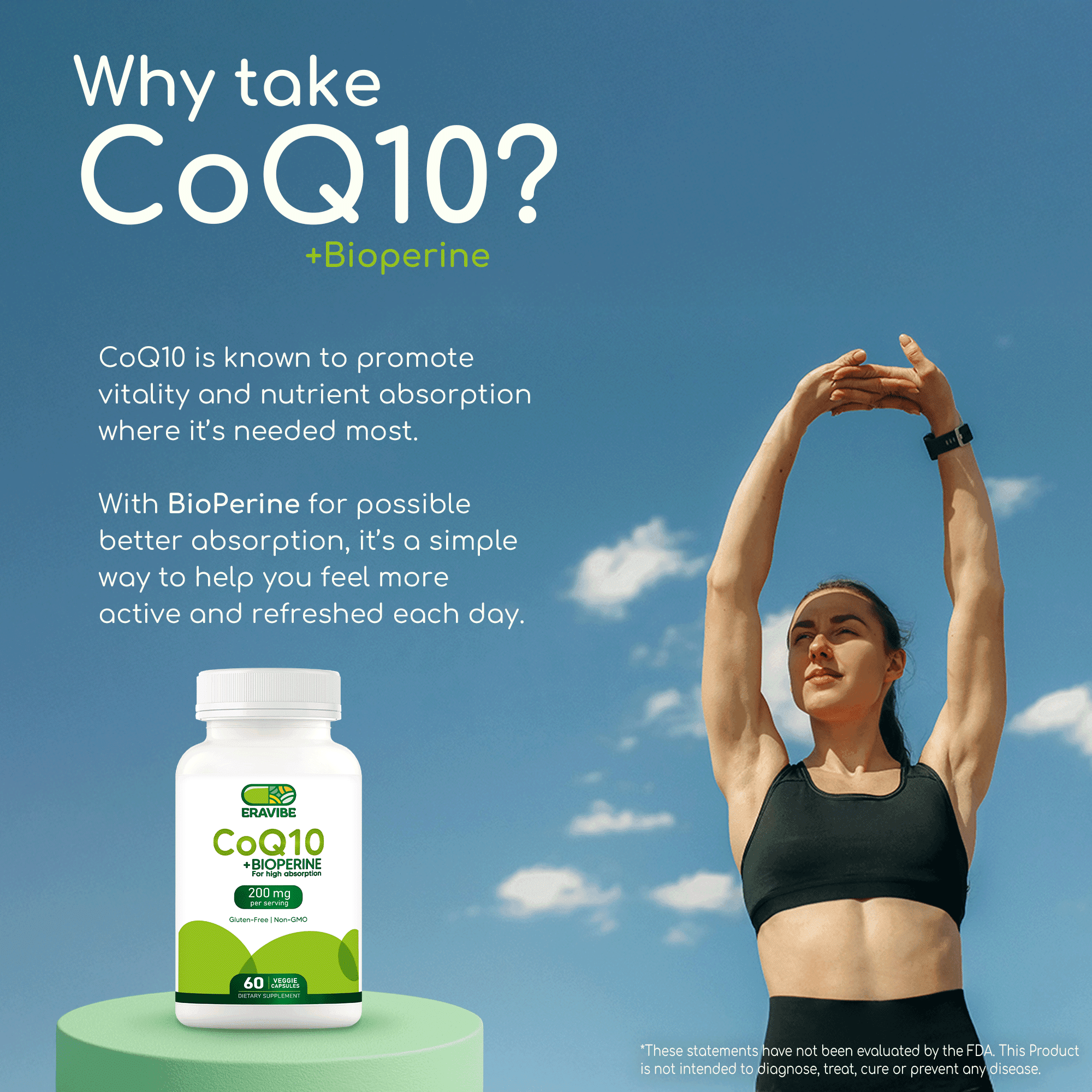 Eravibe CoQ10 200mg with Bioperine, High Absorption Antioxidant Supplement, 60 Veggie Capsules